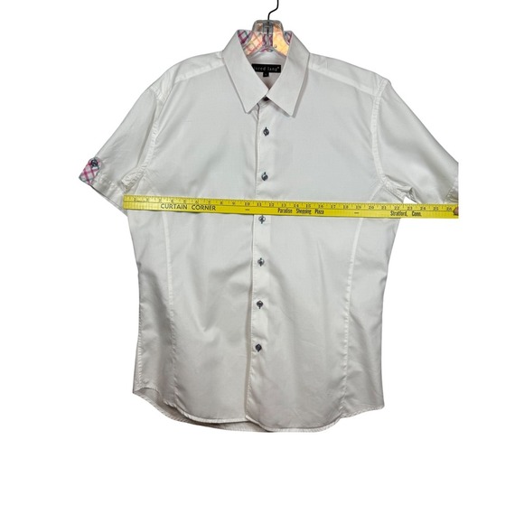 Jared Lang Men's Short Sleeve, Fitted, Pink Plaid Accent Cuff Sleeves, Size L - Picture 3 of 9